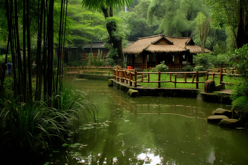 绿色河流茅草屋茅舍竹林竹子园林景区摄影背景,高清,摄影图,摄影图片,图片大全,摄影图免费下载